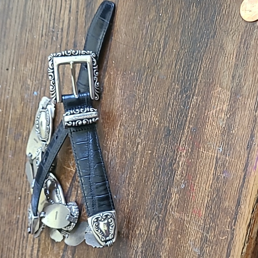 Brighton Vintage 90s Black Leather and Silver Belt Sz M - Picture 1 of 7